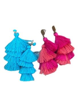Tiered Tassel Dangle Earring Set - Turquoise & Pink Boho Statement